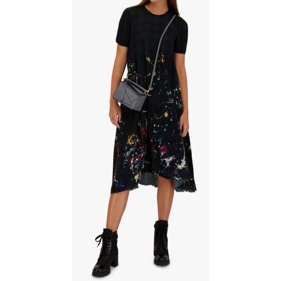 NWOT R13 Navy Plaid Paint Splatter Distressed Midi Dress Women's Medium - Picture 1 of 9